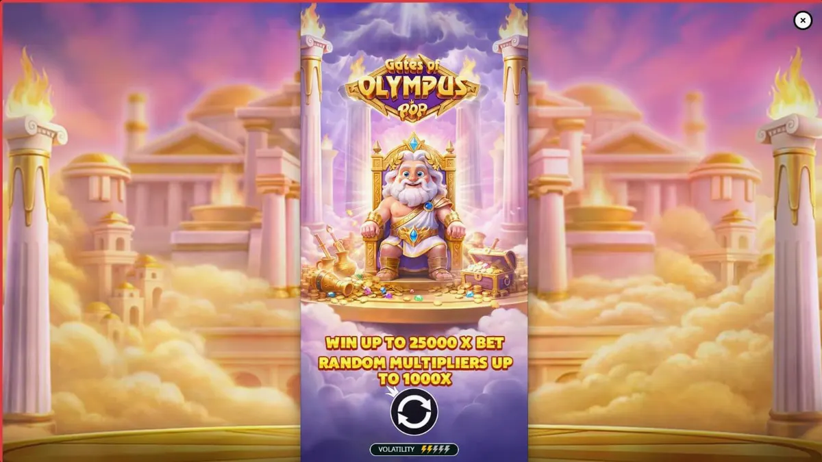Visual dramatis dari Gates of Olympus POP dengan latar belakang awan petir dan simbol emas.